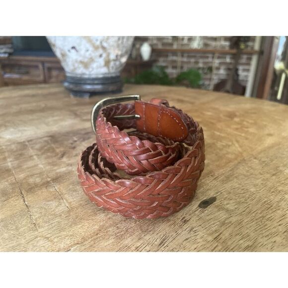 Vintage Woven Brown Leather Belt Brass Buckle 42” Unisex Boho Rustic Style - Picture 2 of 6